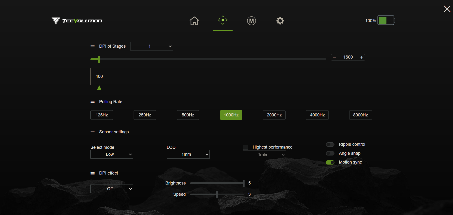 Teevolution Terra software - DPI, polling rate, and sensor settings